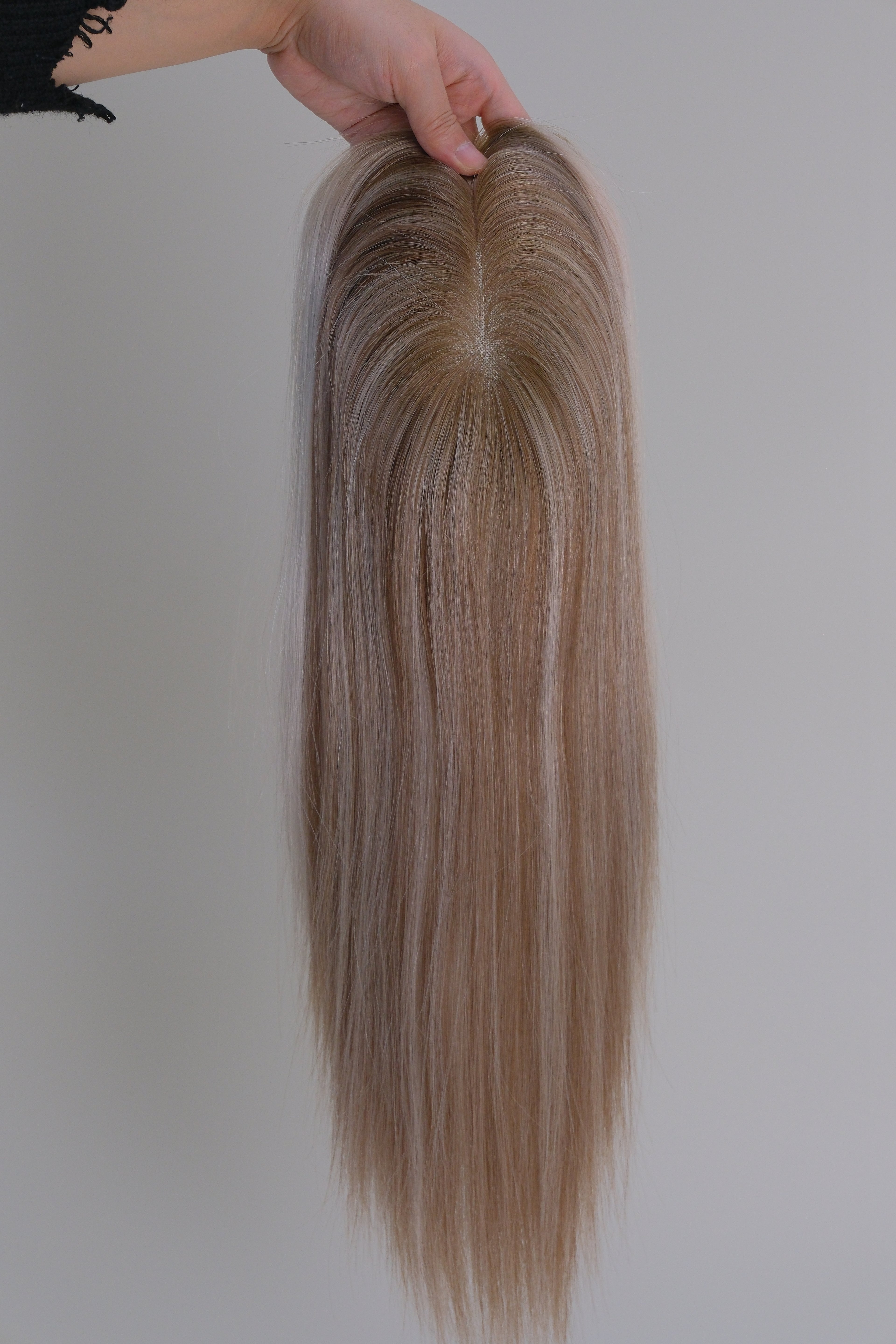 SilkCraft | 5.5″x6″ Iono Top Hair Topper | Ash Brown & Gray Blend | 100% Human Hair | 12″-16″ Straight