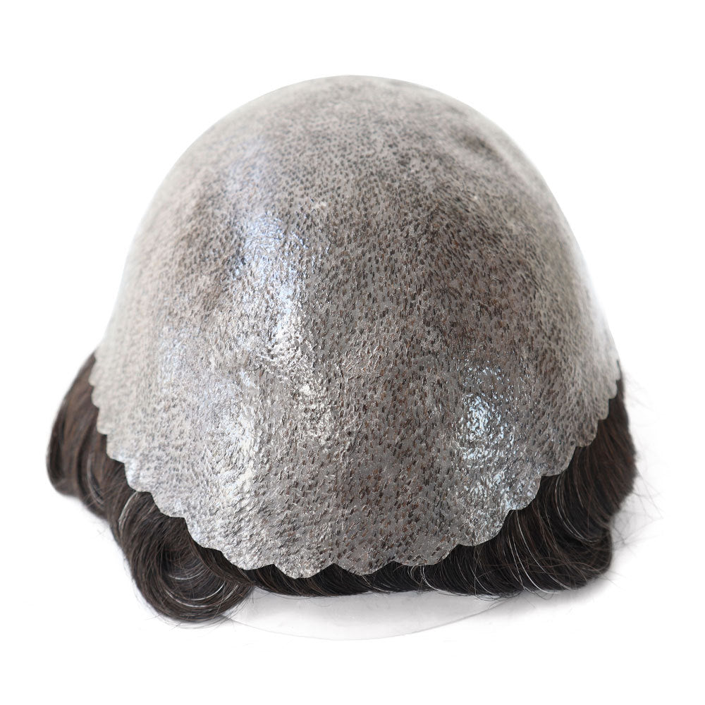 SilkCraftWigs ISKIN | 8″x10″ Skin Base Hair System for Men | Salt & Pepper Dark Brown (#1B10) | 100% Hand-Tied