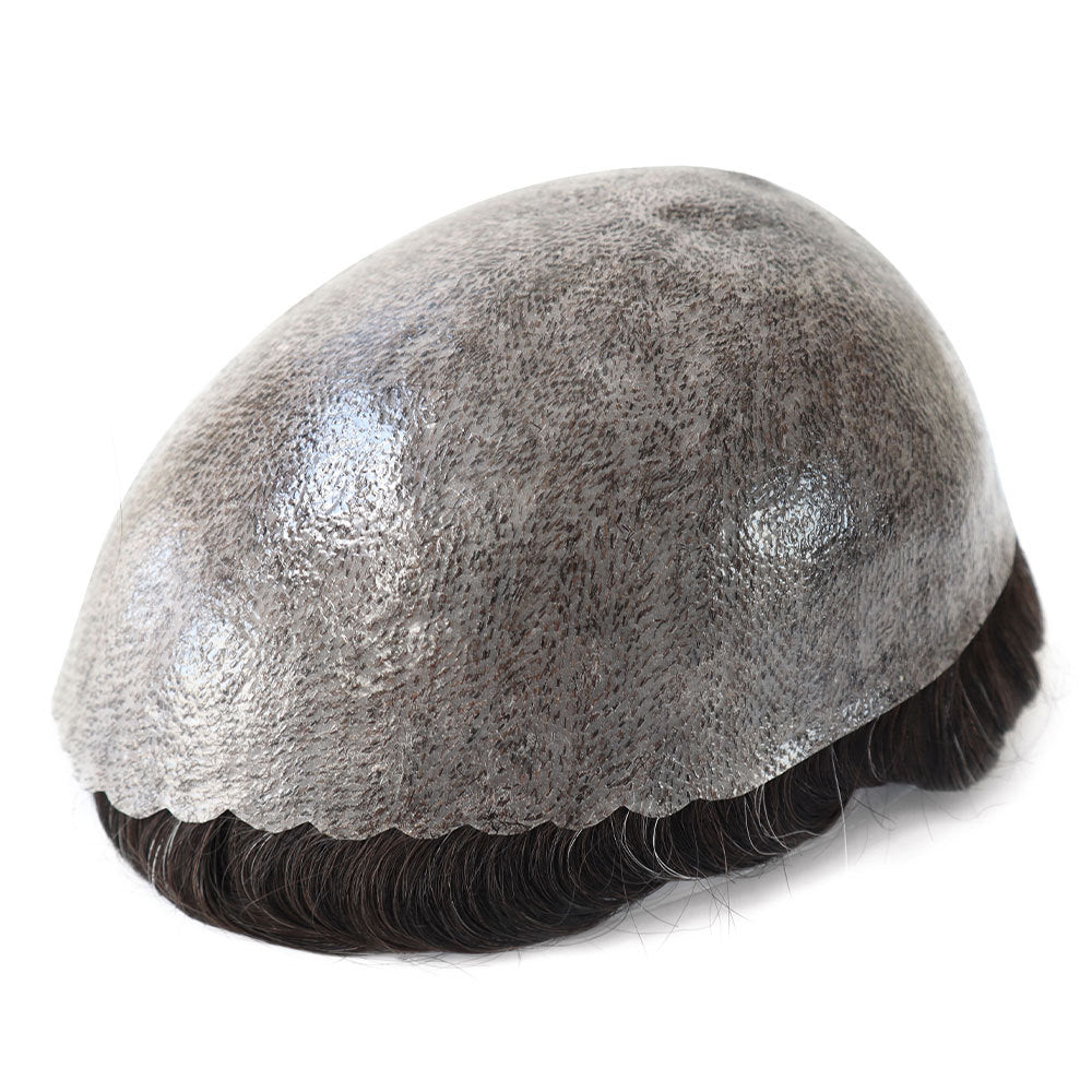 SilkCraftWigs ISKIN | 8″x10″ Skin Base Hair System for Men | Salt & Pepper Dark Brown (#1B10) | 100% Hand-Tied