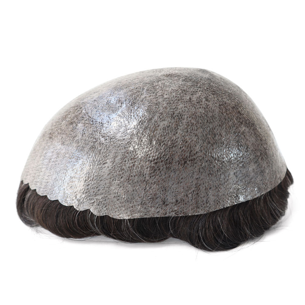 SilkCraftWigs ISKIN | 8″x10″ Skin Base Hair System for Men | Salt & Pepper Dark Brown (#1B10) | 100% Hand-Tied