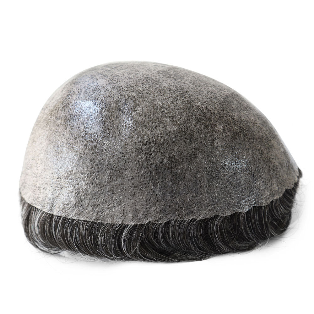 SilkCraftWigs ISKIN | 8×10″ Skin Base Hair System | Natural Salt & Pepper Charcoal Black (#1B40) | Hand-Tied