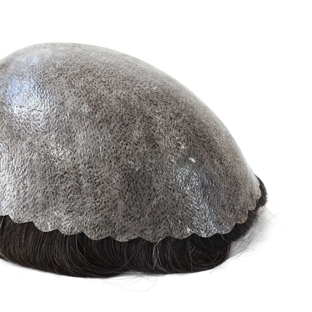 SilkCraftWigs ISKIN | 8″x10″ Skin Base Hair System for Men | Salt & Pepper Dark Brown (#1B10) | 100% Hand-Tied