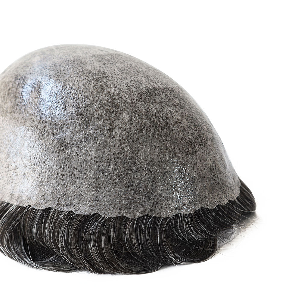 SilkCraftWigs ISKIN | 8×10″ Skin Base Hair System | Natural Salt & Pepper Charcoal Black (#1B40) | Hand-Tied